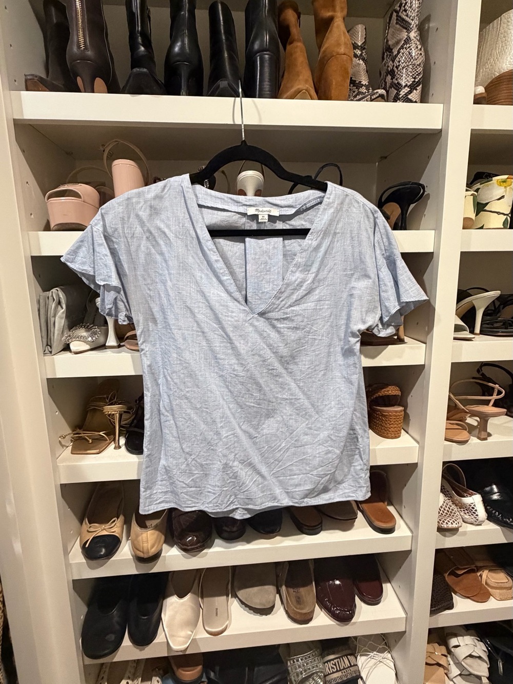 Madewell Light Blue V-Neck Flutter Sleeve Top